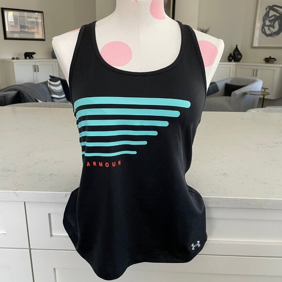 Under Armour Athletic RB Loose Heat Gear Ribbed Running Top Black Blue Org Sz XS - Picture 9 of 9